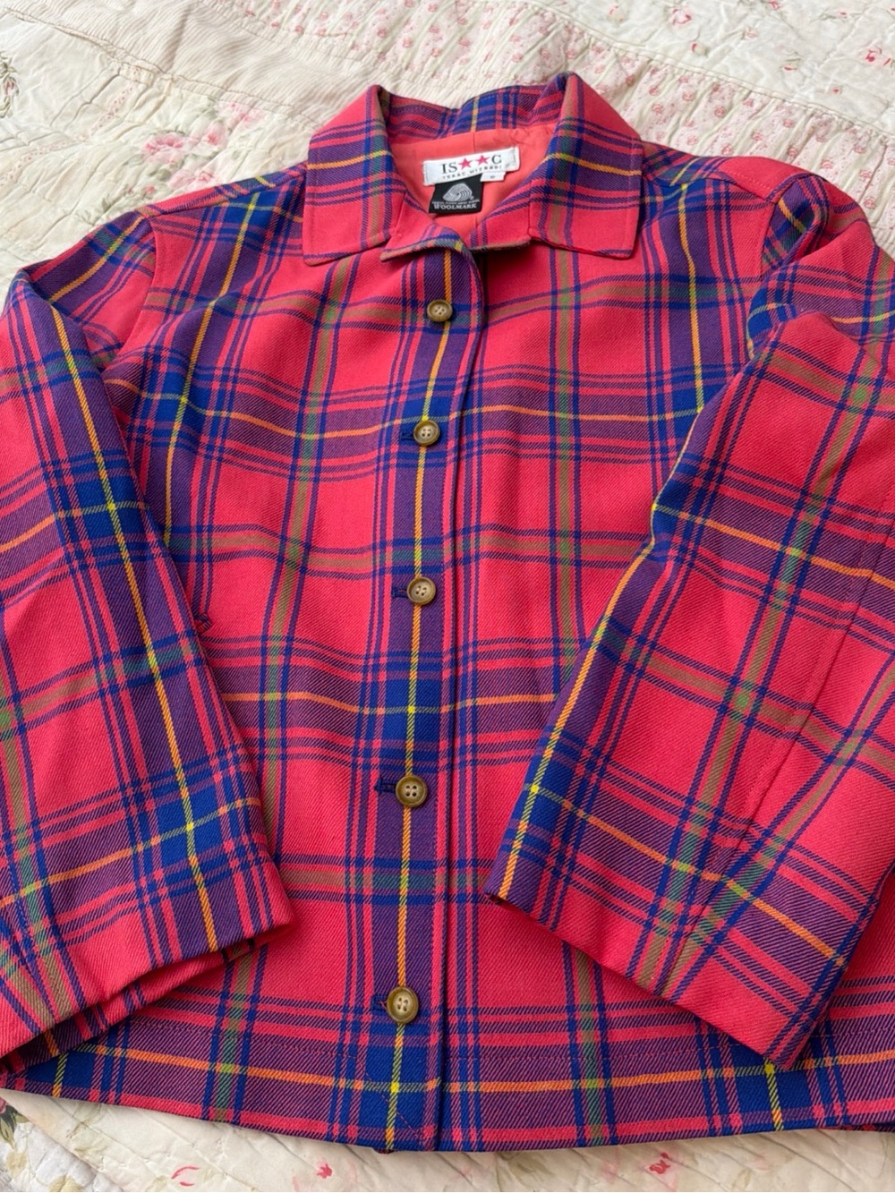 Isaac Mizrahi Hot Pink Plaid vintage 90’s  Coat with Blue & Yellow Accents